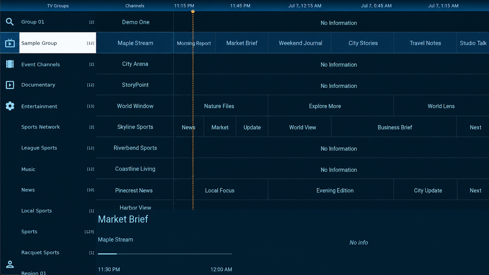 TVEZ Player electronic program guide showing channel groups, channels, and program information