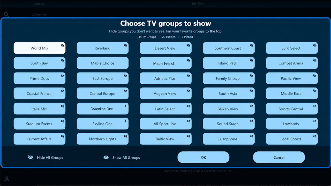 TVEZ Player channel group visibility and pinning controls
